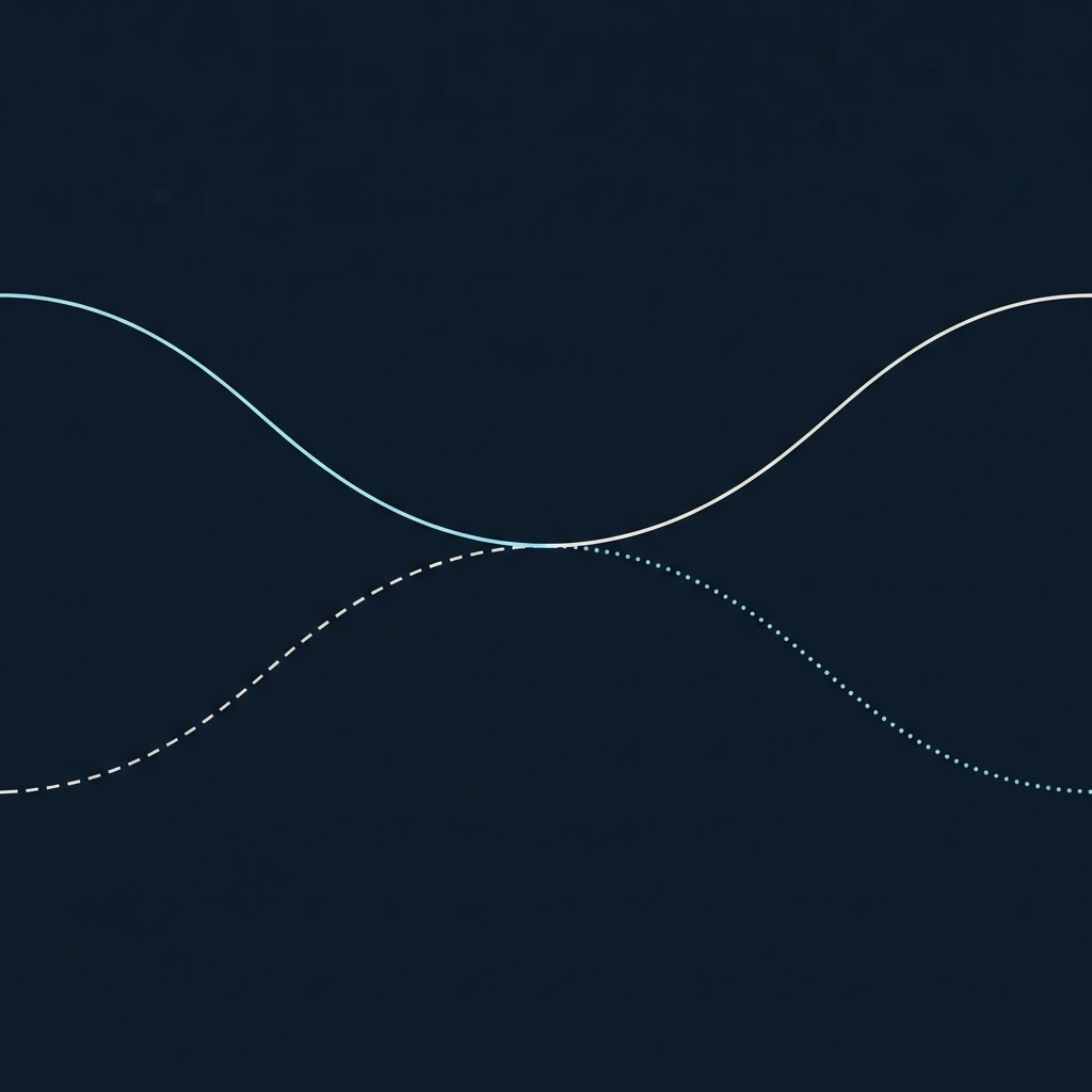 Four separate lines of data curving in from the edges and joining into a single line